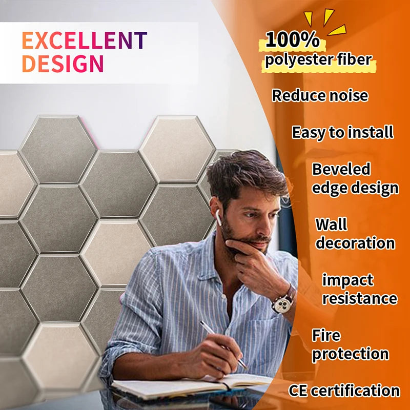 Hexagon Acoustic Panels 12 Pack - Self-Adhesive Sound Absorbing Wall Tiles for Home Office, Studio & Gaming Room