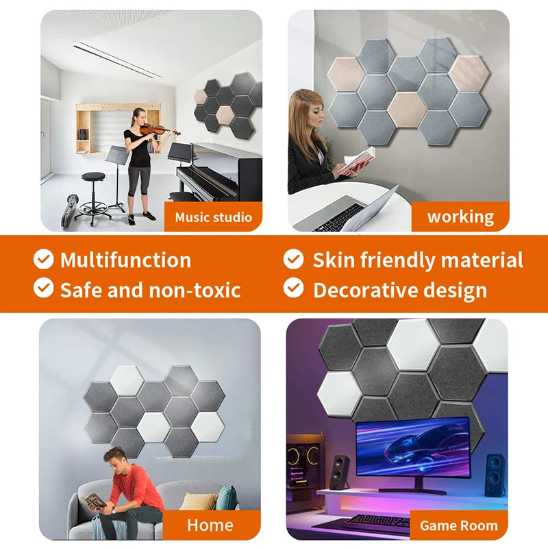 Hexagon Acoustic Panels 12 Pack - Self-Adhesive Sound Absorbing Wall Tiles for Home Office, Studio & Gaming Room