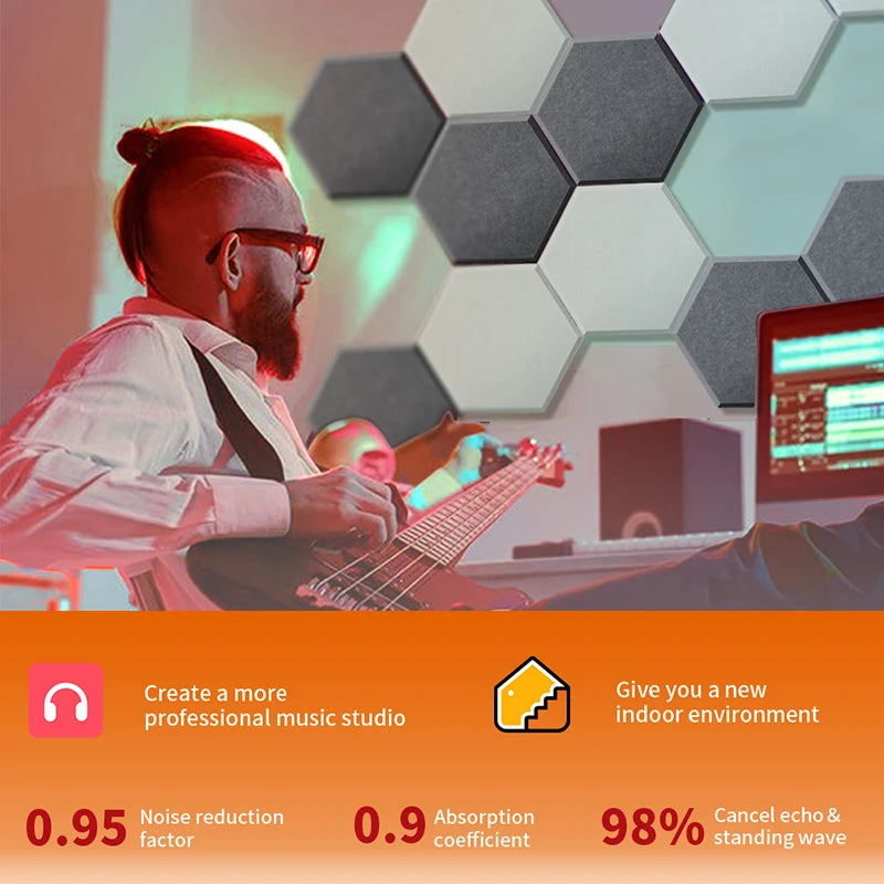 Hexagon Acoustic Panels 12 Pack - Self-Adhesive Sound Absorbing Wall Tiles for Home Office, Studio & Gaming Room